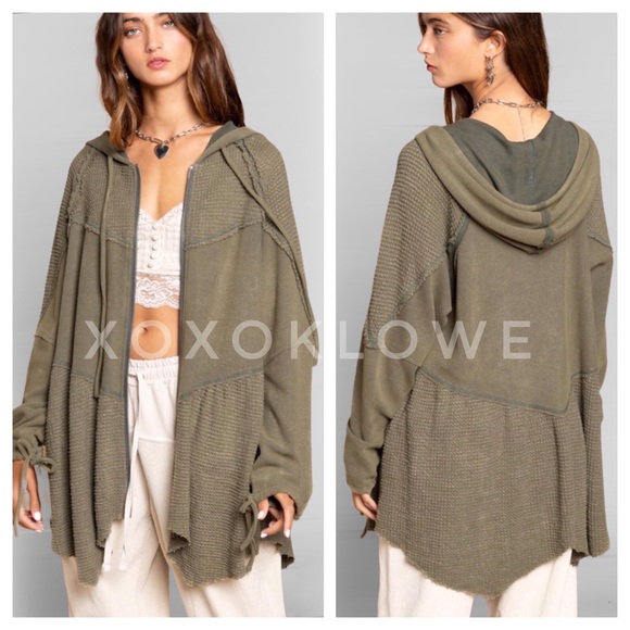 POL Olive Green Zip Up Hoodie Long Line Asymmetrical Hem - Picture 8 of 10